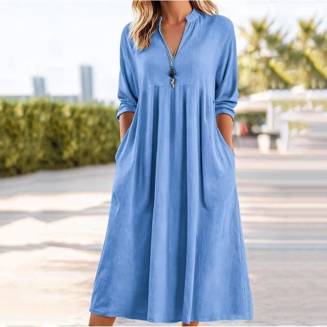 Roncen Robe Longue d'Été pour Femme à Col en V, Manches Longues, Unie, Robe Maxi Décontractée, Robe Chemise Tendance avec Poches