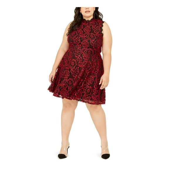 City Studio Womens Plus Floral Lace High Collar Cocktail Dress Red 20W