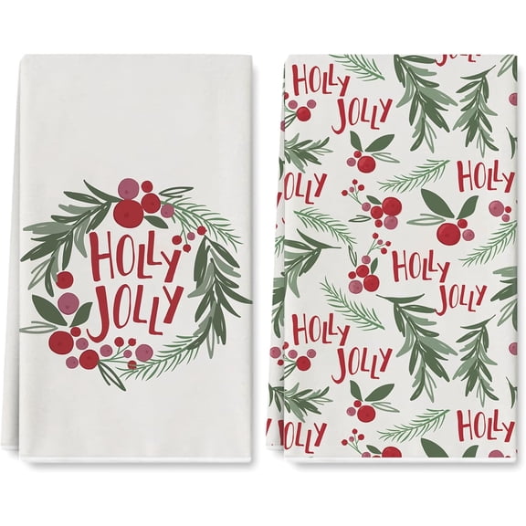 Christmas Kitchen Towel Holly Jolly Dish Towel 18 x 26 Inch Holly Berry with Leaves Hand Drying Tea Towel for Xmas Cooking Wiping, 2Pcs