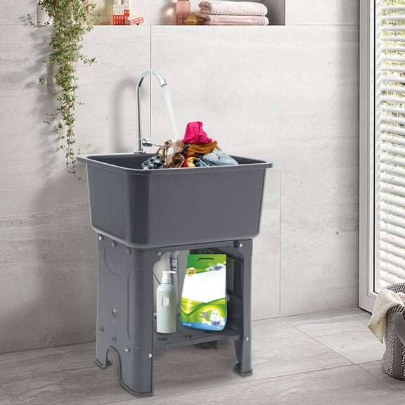 Freestanding Utility Sink with Washboard & 360° Rotatable Faucet, Large 48L Capacity, Anti-Slip Feet, Durable Gray PP Laundry Basin