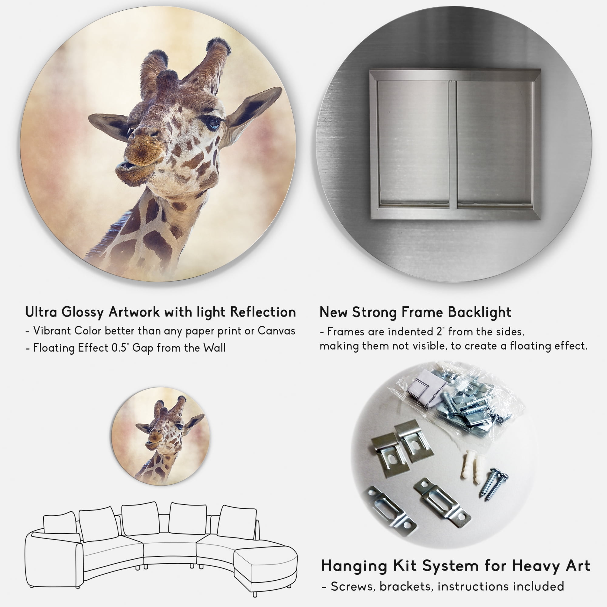 Designart 'Close Up Portrait of A Giraffe VI' Farmhouse Circle Metal Wall Art 36x36 - Disc of 36