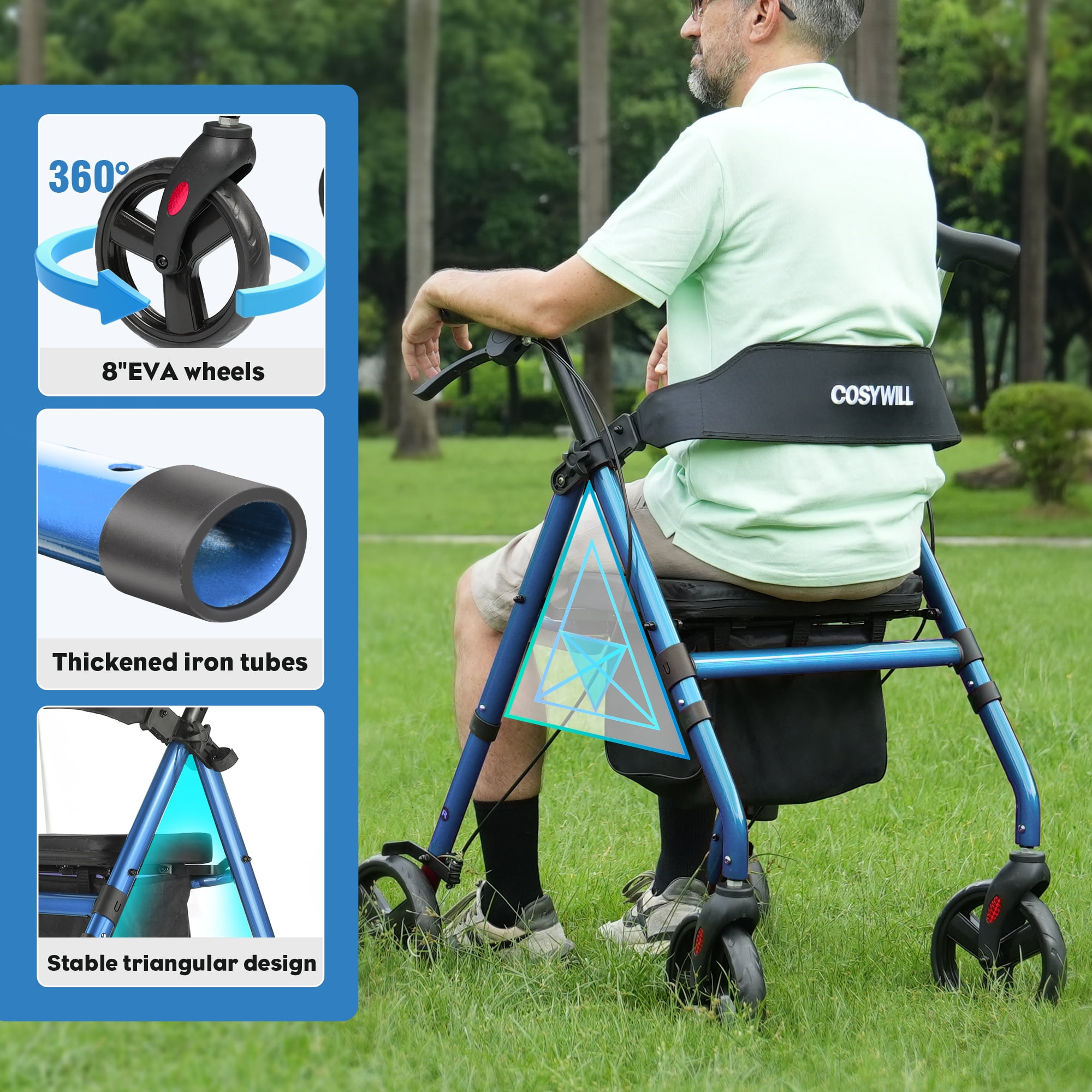 【suzen】Cobalt Lace-up walker COSYWILL Rollator Walker with Seat,Foldable Mobility Walker