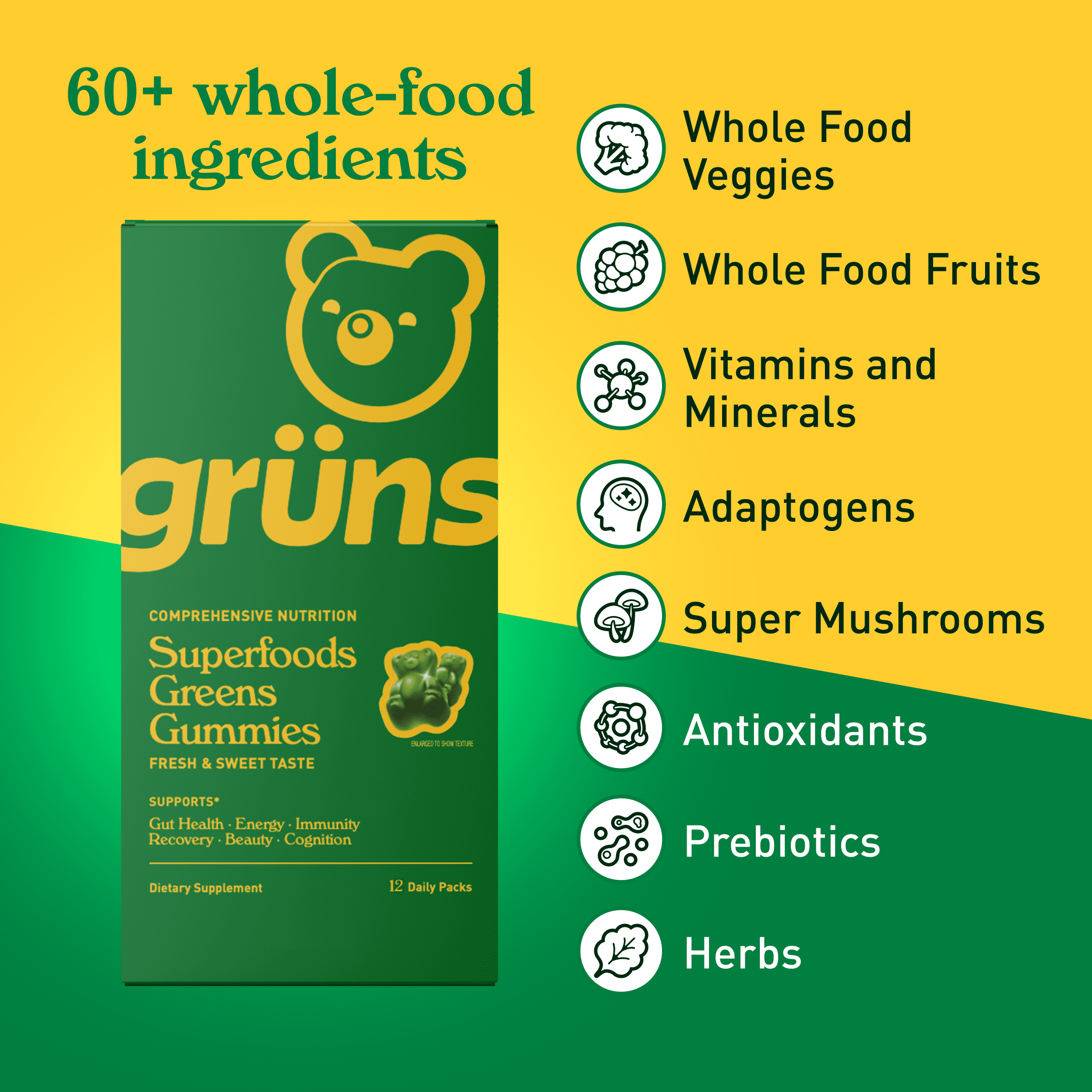 (2 pack) Gruns Adult Superfood Greens Gummies, with 60 Organic Ingredients, 21+ Vitamins & Minerals, Prebiotics and Fiber for Digestion, Adaptogens, Spirulina & Chlorella, 12 Servings