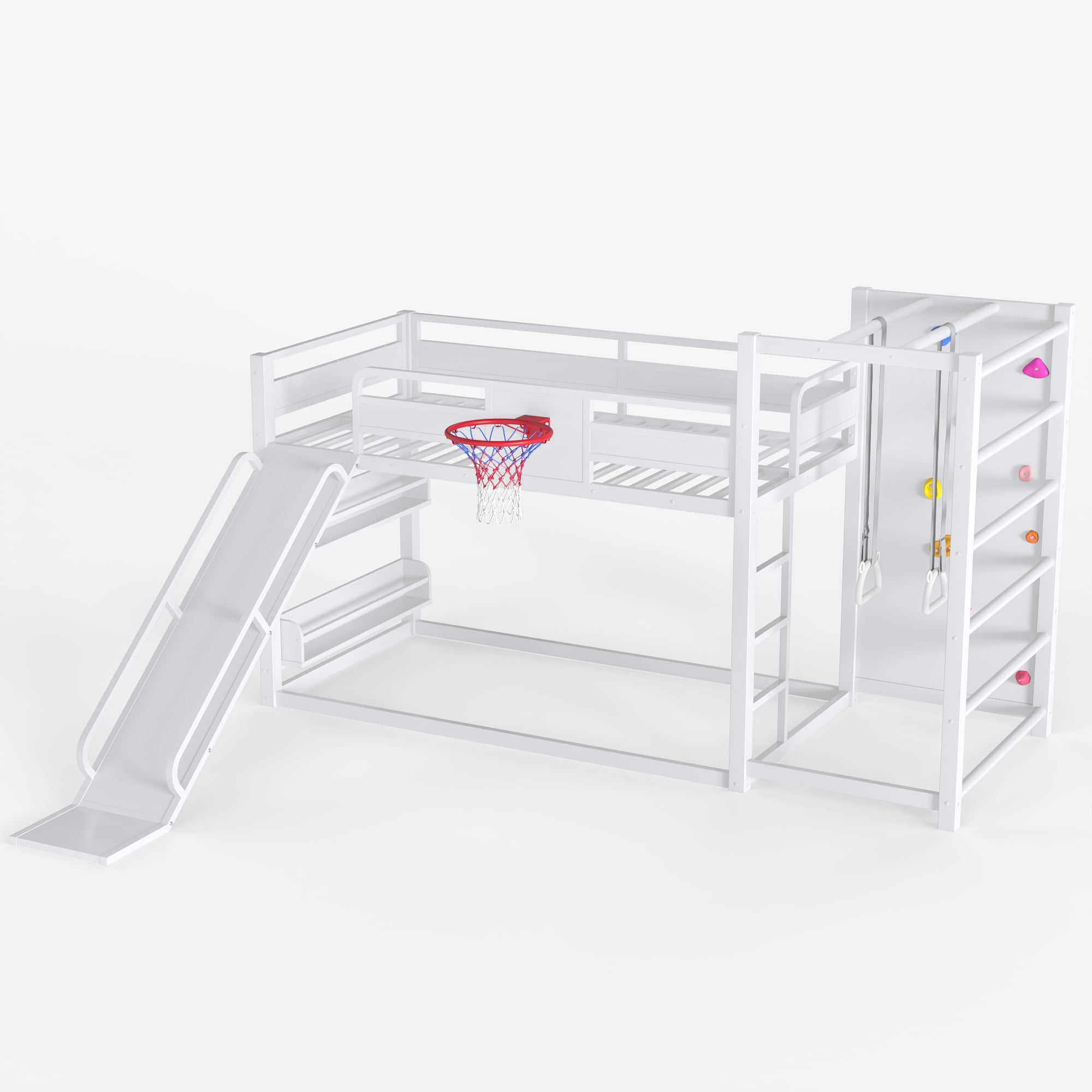 Twin Size Loft/Bunk Bed with Basketball Hoop, Pull-up Rings and Climbing Wall, Metal Loft Bed Frame with Slide and Bookshelves, Heavy Duty Bunk Beds with Guardrail