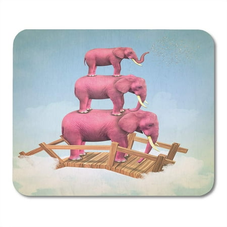 LADDKE Vintage Blue Surreal Three Pink Elephants in The Sky on Bridge Magazine Computer Graphics Colorful Dream Mousepad Mouse Pad Mouse Mat 9x10