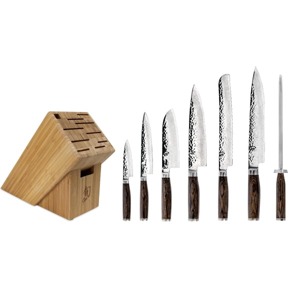 Shun Premier 8 Piece Professional Block Set, Features 6 Shun Premier Knives, Honing Steel and 11-Slot Bamboo Knife Block, Handcrafted Japanese Knife Set, Pakkawood Handles