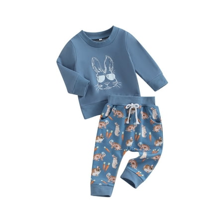 

Toddler Boys Easter Pants Sets Blue Long Sleeve Sweatshirt Bunny Carrot Print Pants Sets