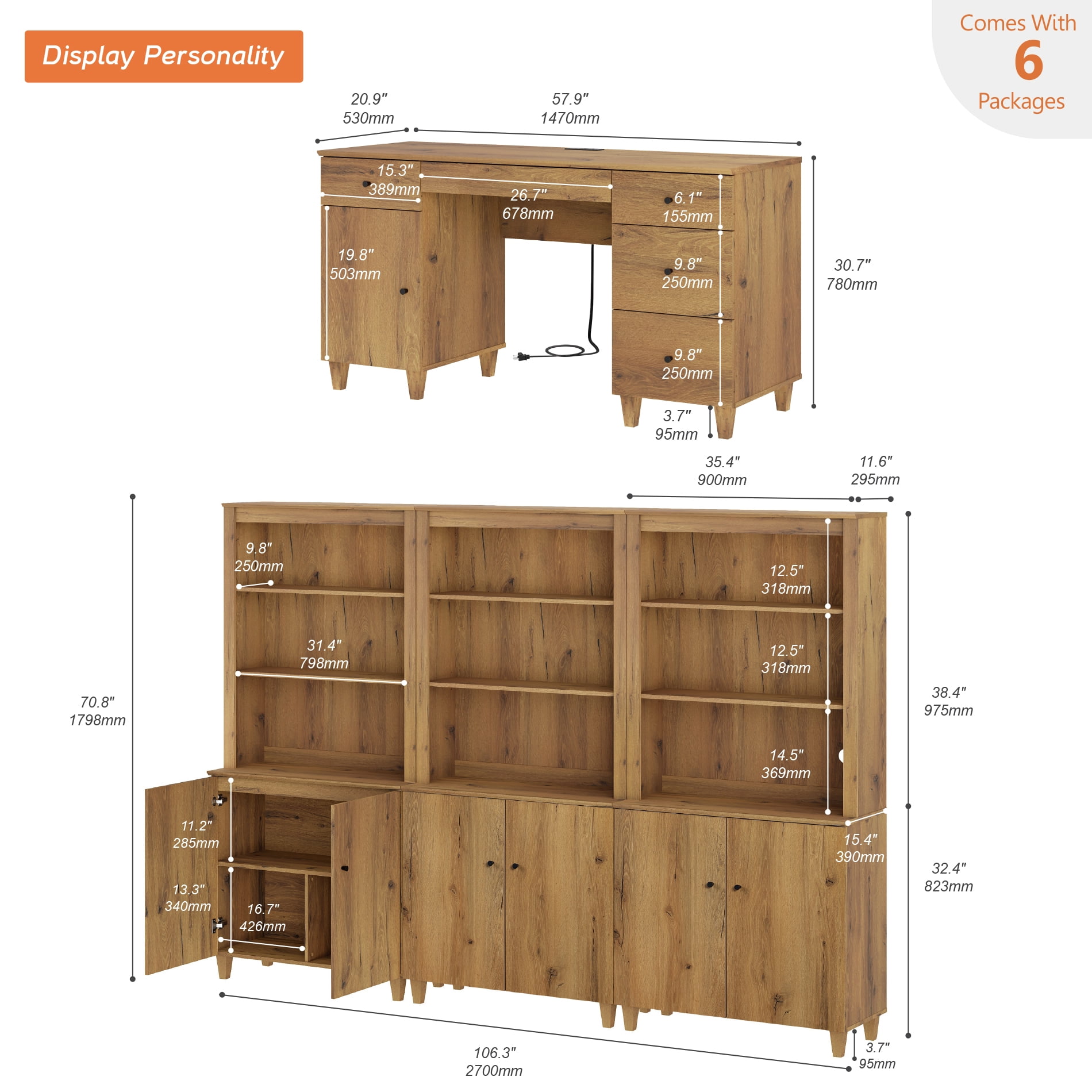 WAMPAT Home Office Furniture Set, 58" Executive Desk with Charging Station and Cabinet, 3-Column 71" Tall Bookcase with Doors and Adjustable Shelves for Living Room,Dark Brown Wood