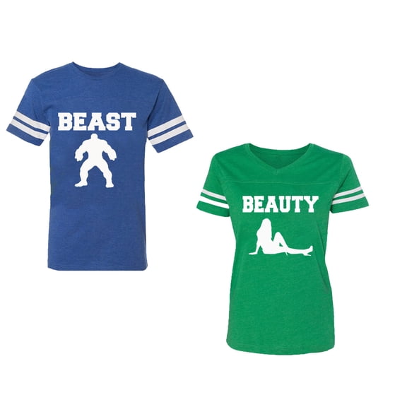 Beast Beauty Unisex Couple Matching Cotton Jersey style T-Shirt Contrasting stripes on sleeves (Men Royal / Women Green) (Men M / Women S)