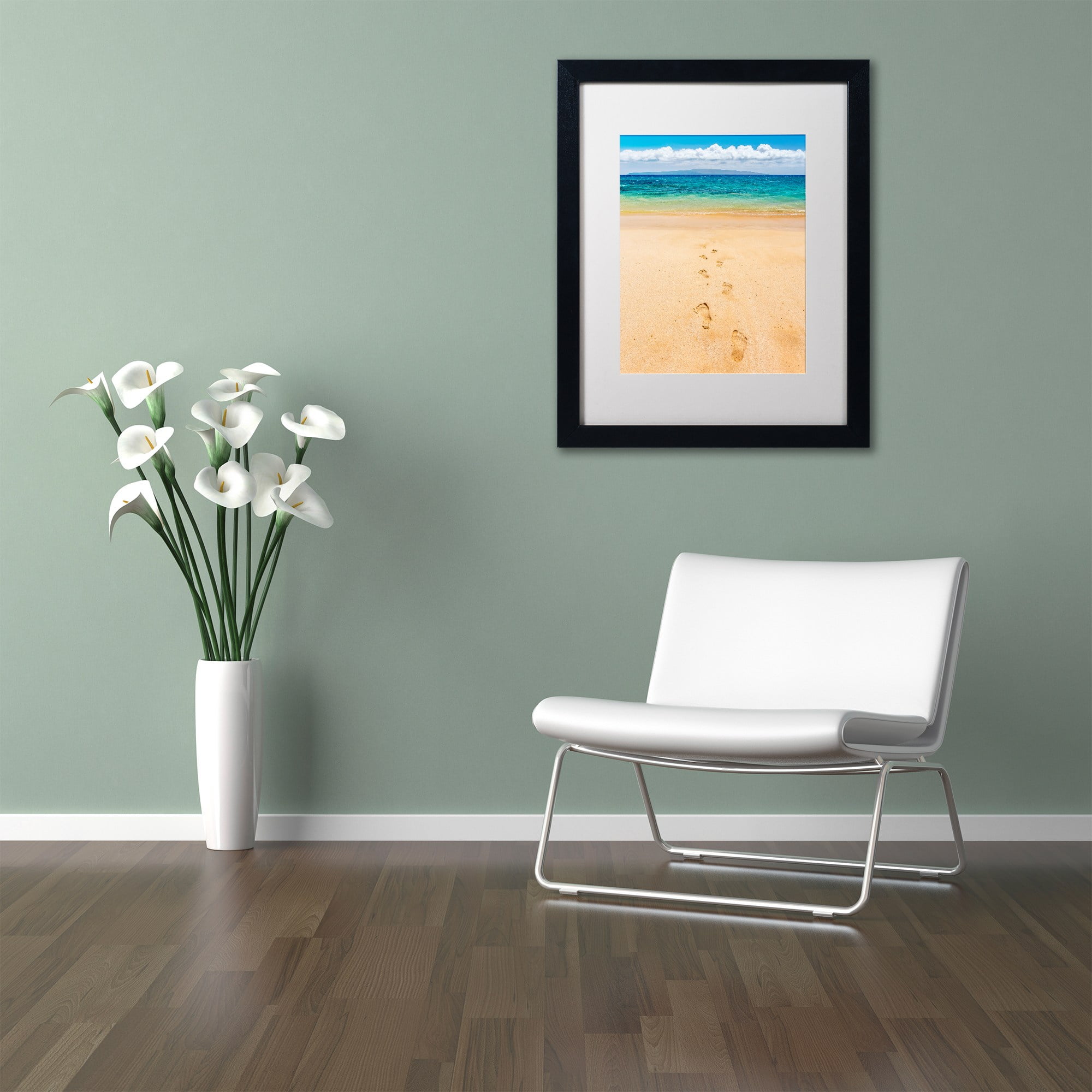 Trademark Fine Art 'Footprints in the Sand' Canvas Art by Pierre Leclerc, White Matte, Black Frame