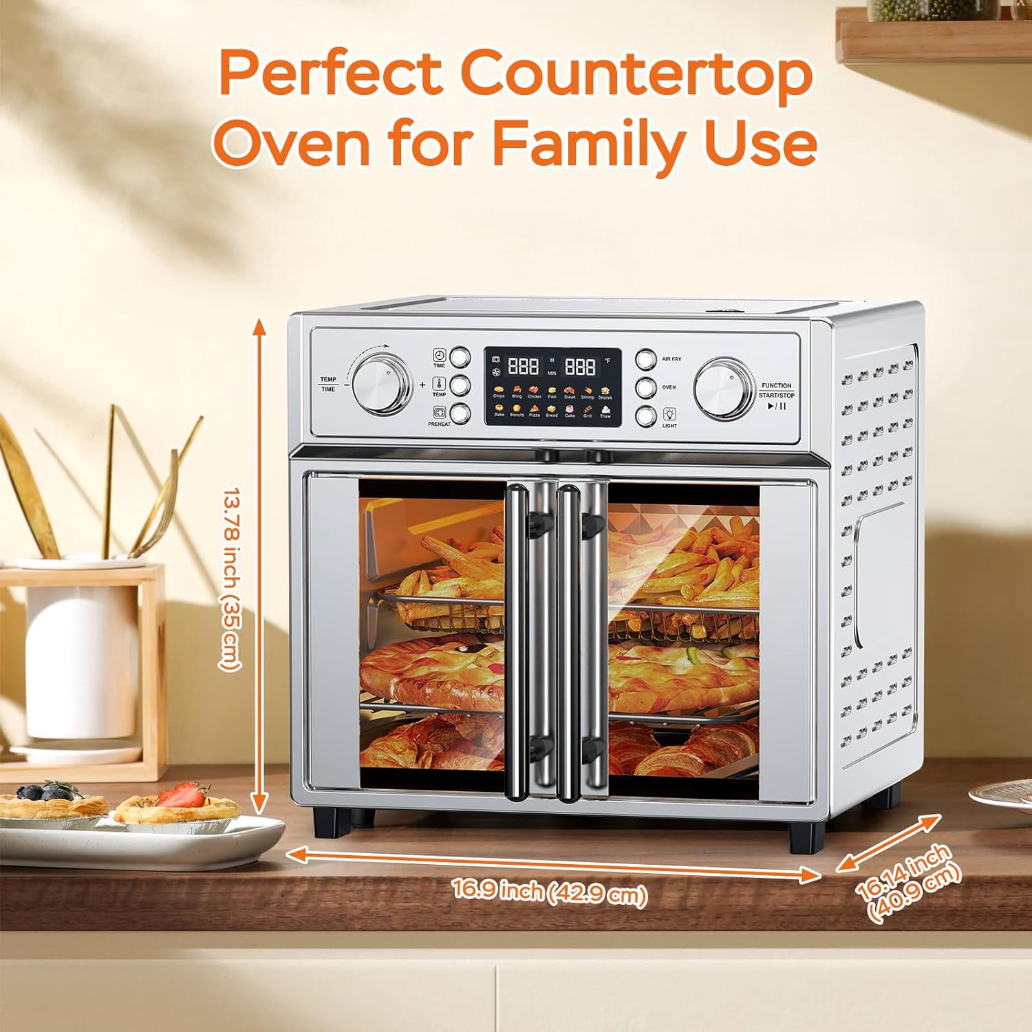 Plum Chef 26QT Large Capacity French Double-Door Air Fryer Convection Toaster Oven, 1700W, 14 Preset Menus, 7-in-1 Multi-Function (Bake, Roast, Gril,Toast,Dehydrate&Defrost), Stainless Steel,silvery