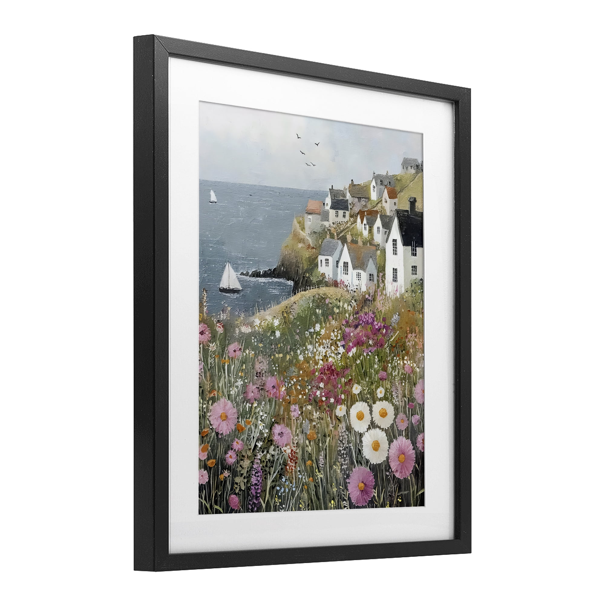 Stupell Industries Pink Meadow Overlooking Sailboats Black Framed Print Under Glass, design by Riley B