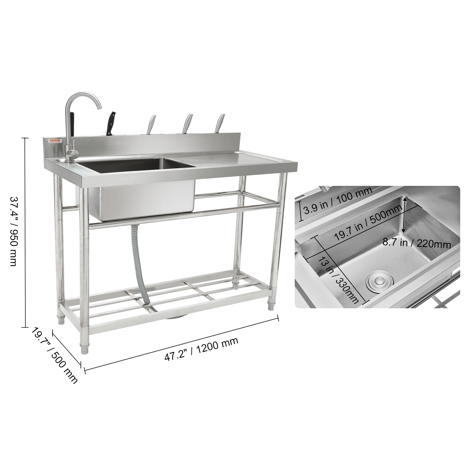 BENTISM S3-1 Stainless Steel 47.2 Inch Freestanding Single Bowl Sink