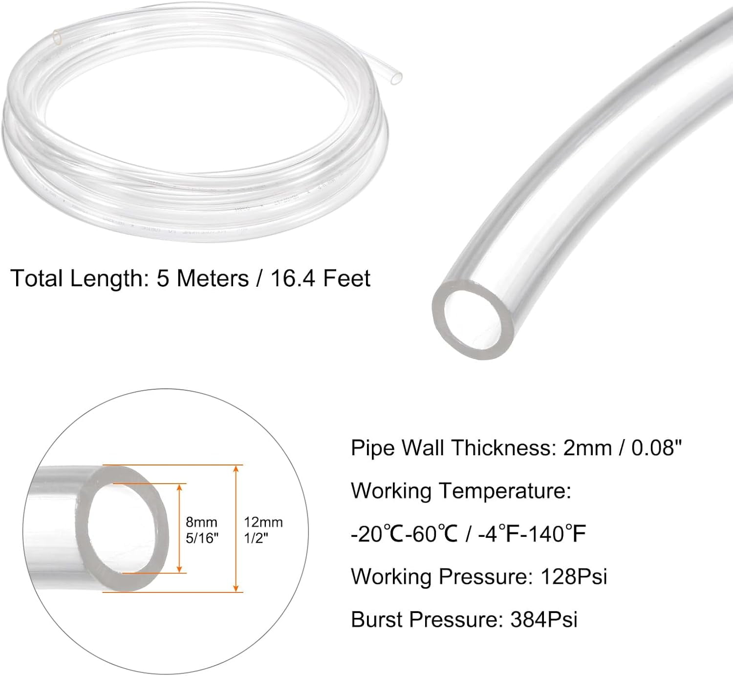 MKEUDQ-Pneumatic Tubing Pipe Pu Hose 12mm OD x 8mm ID 5 Meters(16.4 FT) Air Compressor PU Polyurethane Line Hose Tube for Air Compressor Water Fluid Transfer, Clear