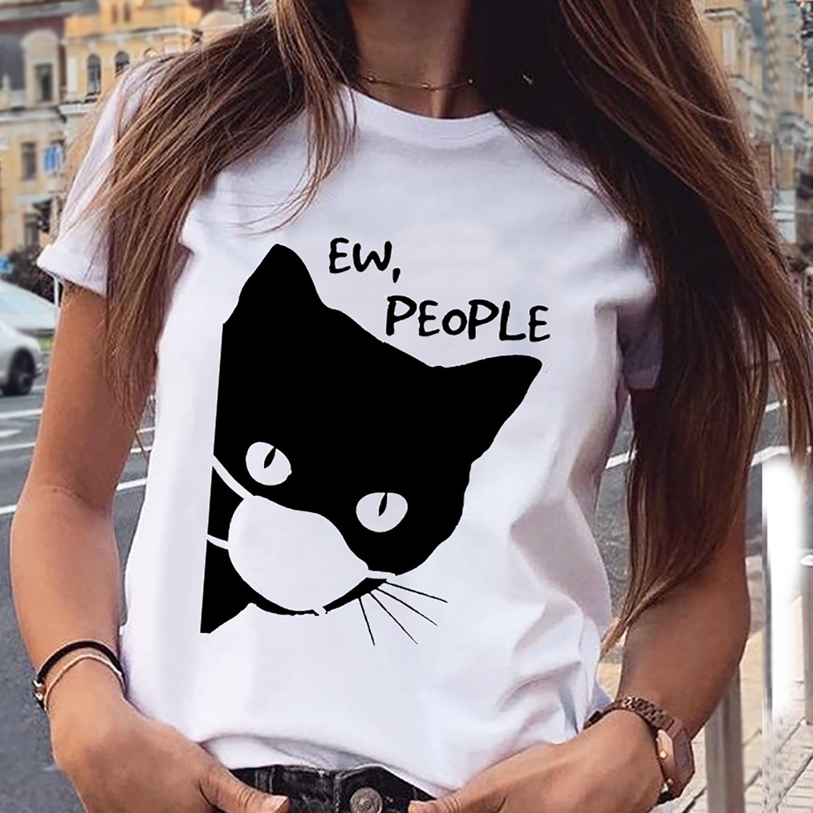 Women Short Sleeve Halloween Cat Printed O-Neck Tops Tee T-Shirt Blouse UK 8-18 