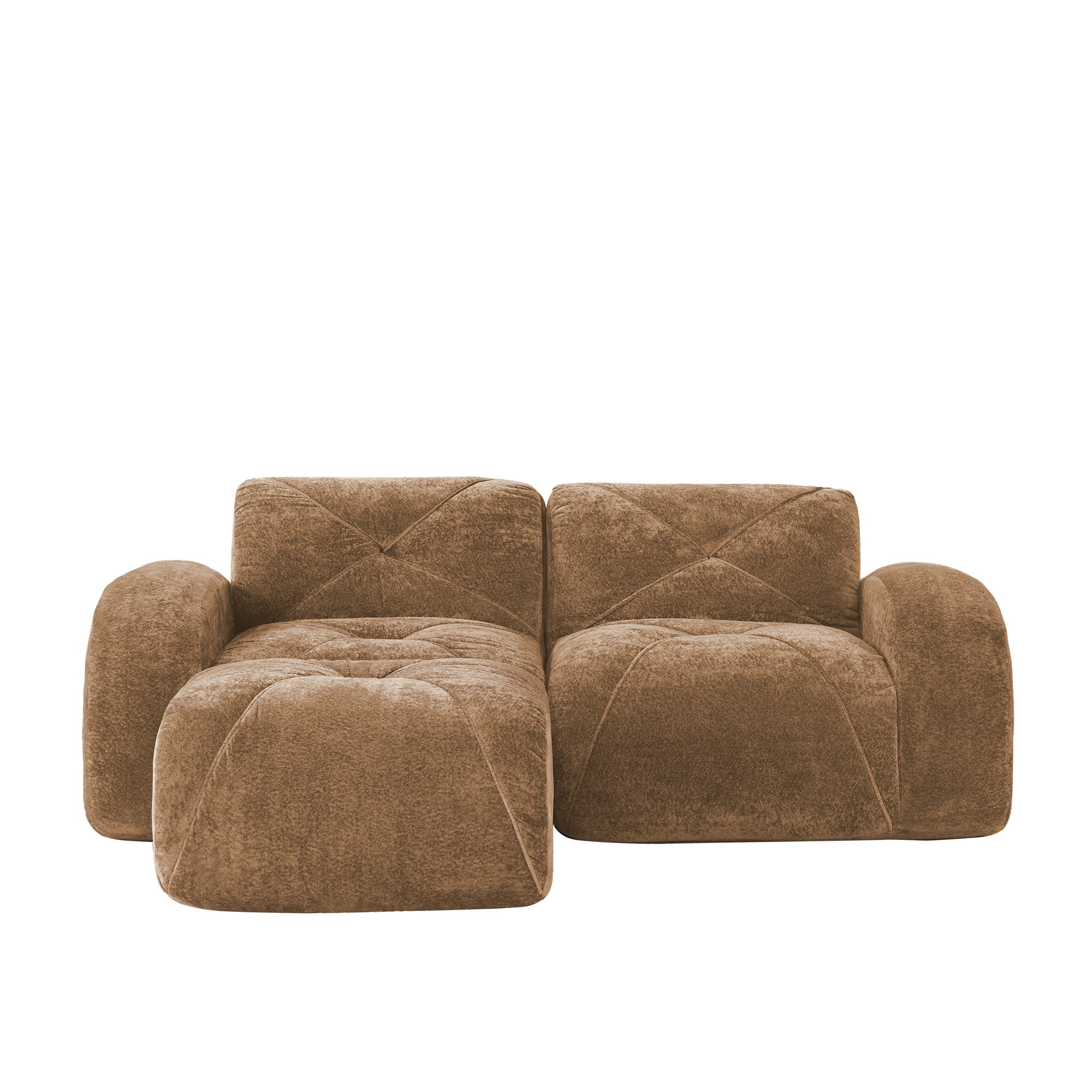 L-Shaped Boneless Sofa, Soft Velvet Fabric, Tufted Design, 32D High Density Sponge, No Assembly Required, Ergonomic Design Bottom, Anti-Slip Design, Movable Ottoman for Bedrooms (Camel)