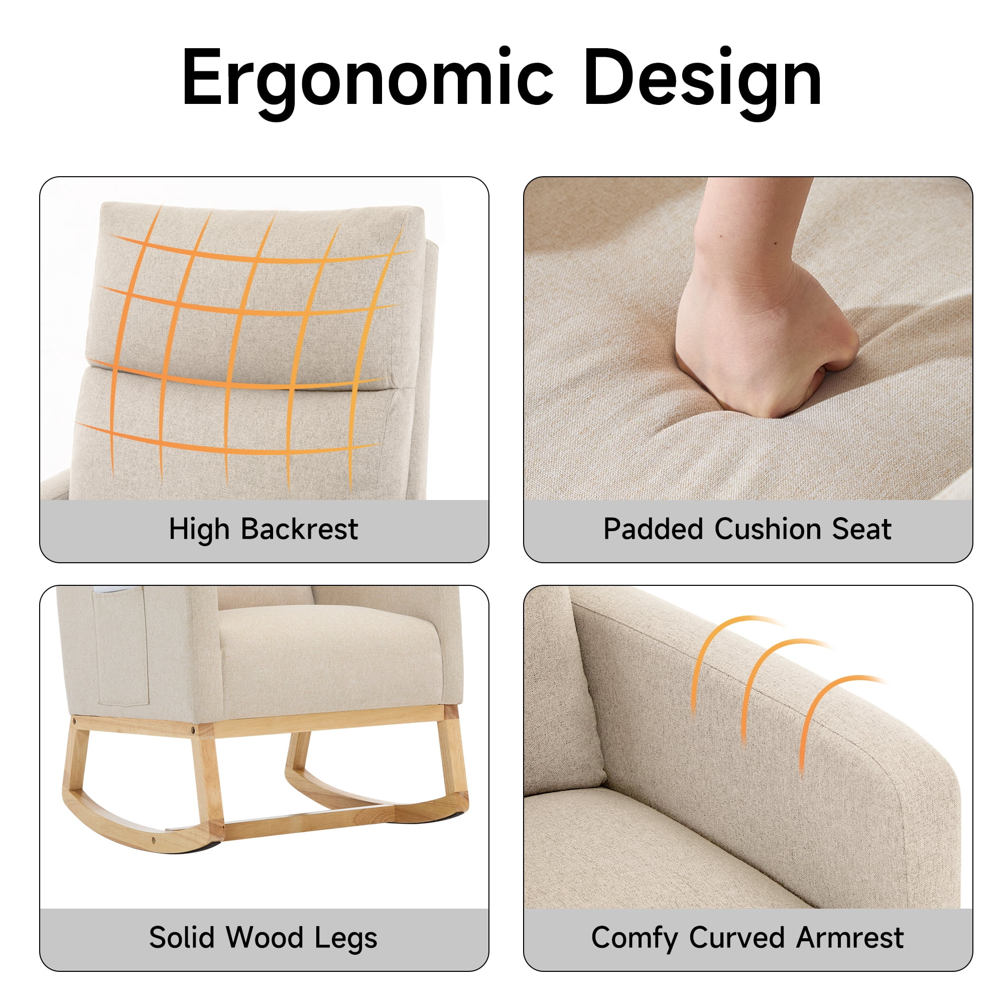 AUNEKIV Rocking Chair Nursery, Upholstered Accent Rockers, Nursing Glider Chairs for Bedroom, Beige
