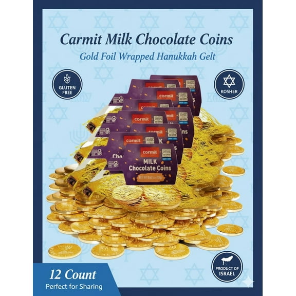 Chocolate Coins, Gold Foil Wrapped Hanukkah Gelt, Kosher Dairy Certified, Individual Bags, Traditional Holiday Treats and Dreidel Idea Party Favors, 12 Count