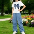 thumbnail image 5 of Avrnliq Girls Trendy 2-Piece Outfit Set Sequin Bow Graphic Tee & Wide Leg Cargo Pants Blue Casual Summer Streetwear for Girls 5-15Y,Size 12-13 T, 5 of 8