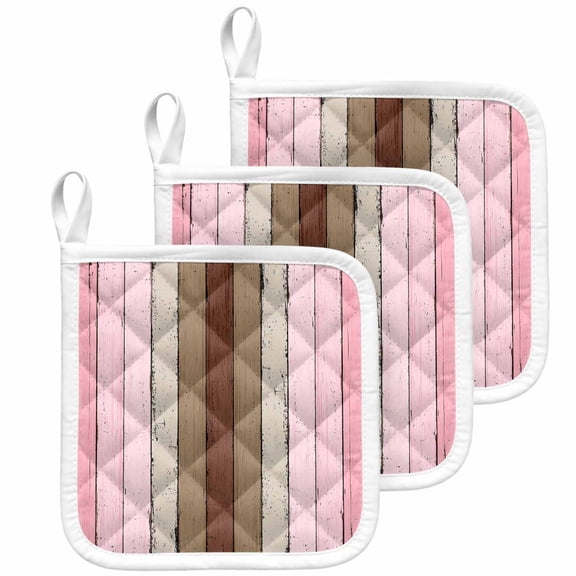 Pink Wood Grain Pot Holders for Kitchen Heatproof Potholder, 3 Pack Brown Vintage Mottled Country Stripes Hot Pads Multipurpose Oven Pads Cloth Potholders Trivet for Cooking Baking