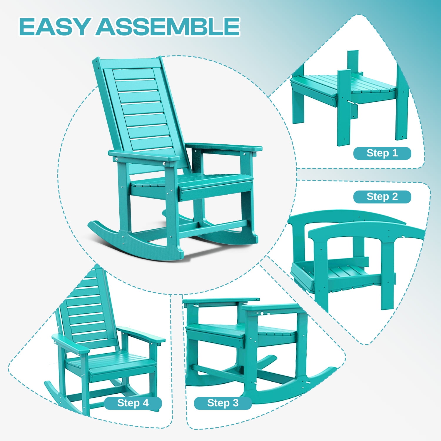 FODINGHILL Outdoor Rocking Chair Set of 4,HDPE Oversized Rocking Chair Outdoor,High Back Rocking Patio Chairs for Porch Garden Balcony,Aqua