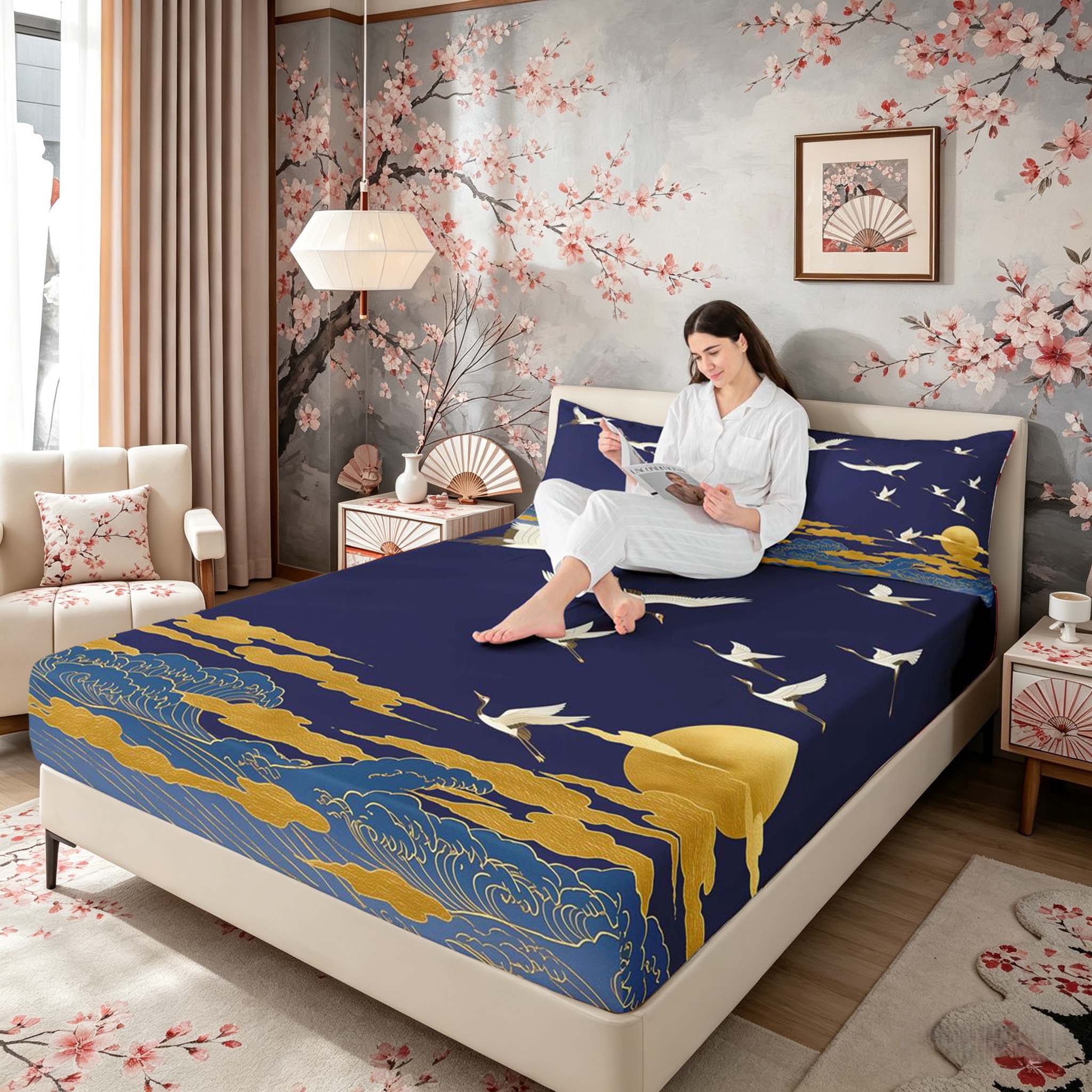 Manfei Traditional Crane Wave Queen Sheet Sets for Girls Women, Golden Moon Bed Set, Blue Gold White 4pcs, 1 Flat Sheet, 1 Fitted Sheet and 2 Pillowcases