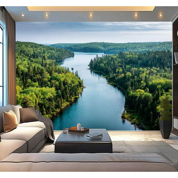 Peel and Stick Wallpaper Waterproof High angle view lake forest Wall Mural Decor Self Adhesive and Removable 100in x 144in