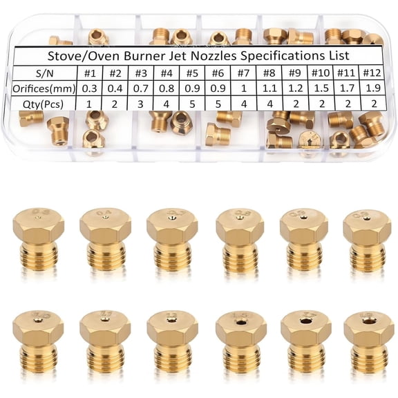 Range Stove Oven Orifice Conversion Kit,Brass Propane Lp Natural Gas Jet Burner Nozzle Replacement Parts M6x0.75mm Gas pray Tip 0.3/0.4/0.7/0.8/0.9/1.0/1.1/1.2/1.5/1.7/1.9mm (36PCS)