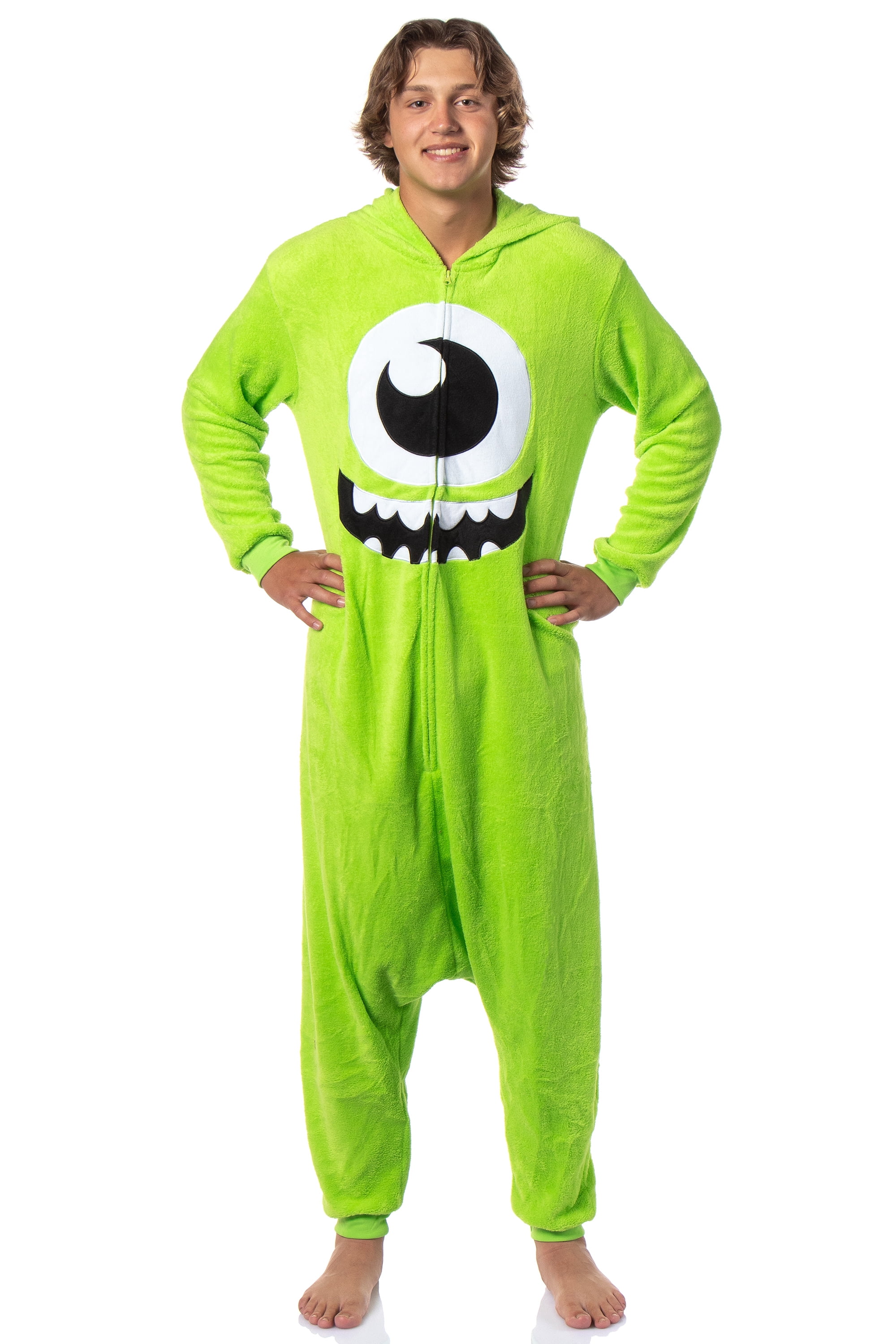 Disney Monsters Inc Mike Wazowski Hooded Kigurumi Adult Fleece Zip Up Costume One Piece Footless Pajama Union Suit
