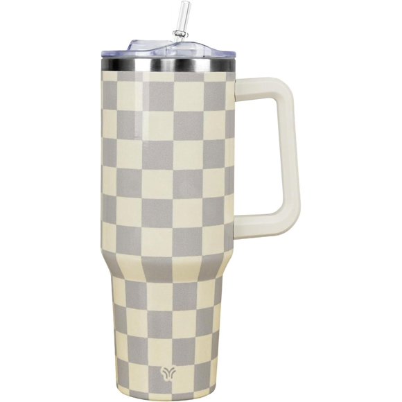 40 oz Tumbler with Handle and Straw Lid | Vacuum Insulated Leak Proof Tumbler | Stainless Steel Water Bottle Cup Gifts for Dads Moms Women Men Him Her | Cream Checkered