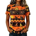 thumbnail image 2 of Womens Short Sleeve Halloween Tops Crewneck Loose Fit Castle Bat Print T Shirts Casual Clothes Gifts, 2 of 7