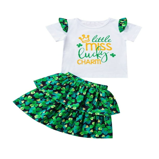 Toddler Kids Baby Girl St. Patrick s Day Clothes Outfit Short Sleeve Letter Print T Shirt Blouse Tops Clover Print Skirts Set Walmart