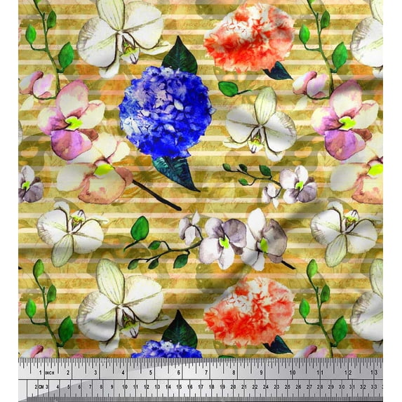 Soimoi Velvet Fabric Stripe & Orchid Floral Printed Fabric 1 Yard 58 Inch Wide
