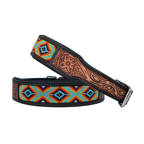 Leather Dog Collar Extra Small Size Western Style Heavy Duty Hand Tooled Adjustable Beaded and Padded Soft for Puppies and Big Dogs 10AB029-XS
