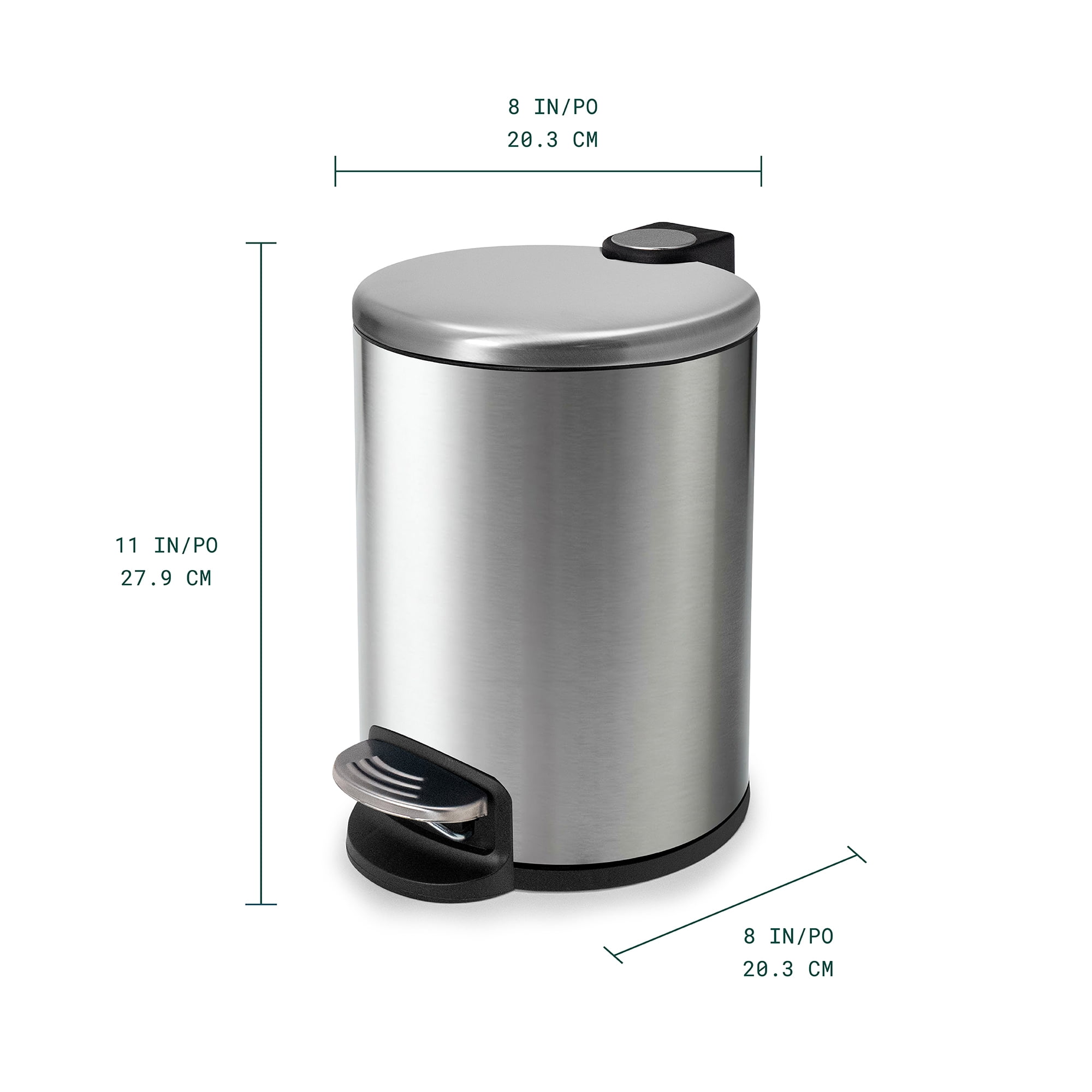 Acento Rondo 1.3 Gallon Round Step Trash Can with Soft-Close Lid, Removable Liner Bucket, Premium Pedal Metal Waste Bin for Bathroom, Bedroom, Dorm, Office, Brushed Stainless Steel