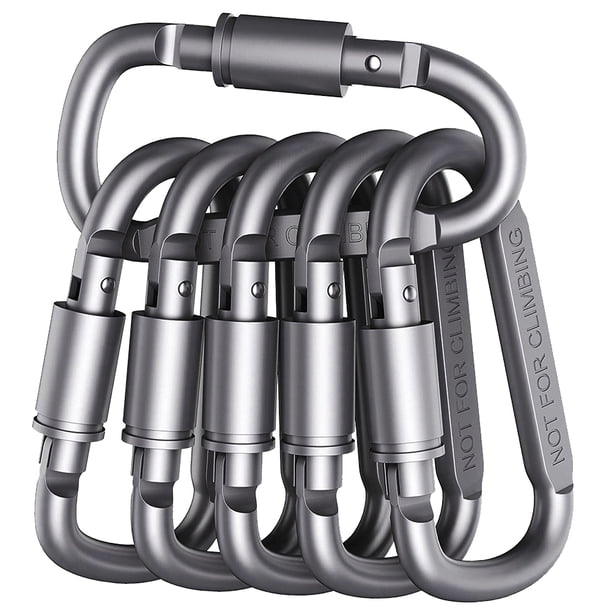 6 llaveros con mosquetón para acampar al aire libre, hebilla de anillo en D de aleación de aluminio (gris oscuro)