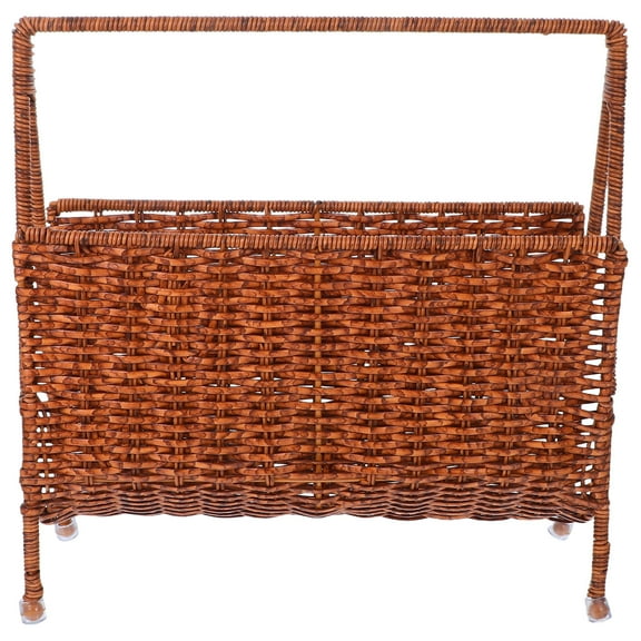 STRANDCHIC Brown Faux Rattan Magazine Holder Woven Storage Rack for Home with Natural Aesthetic