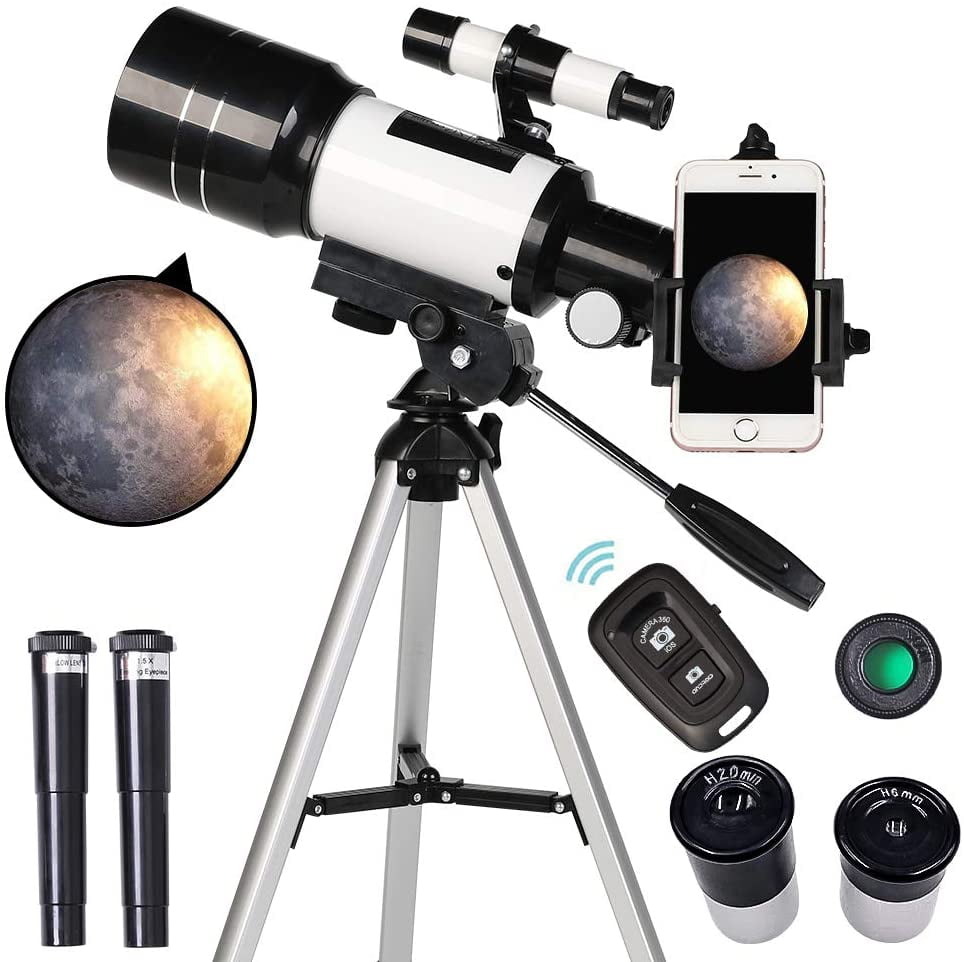 Tripod& Finder Scope Telescope 70mm Aperture 300mm AZ Mount Astronomical Refracting Telescope for Kids Beginners Portable Travel Telescope with Smartphone Adapter 