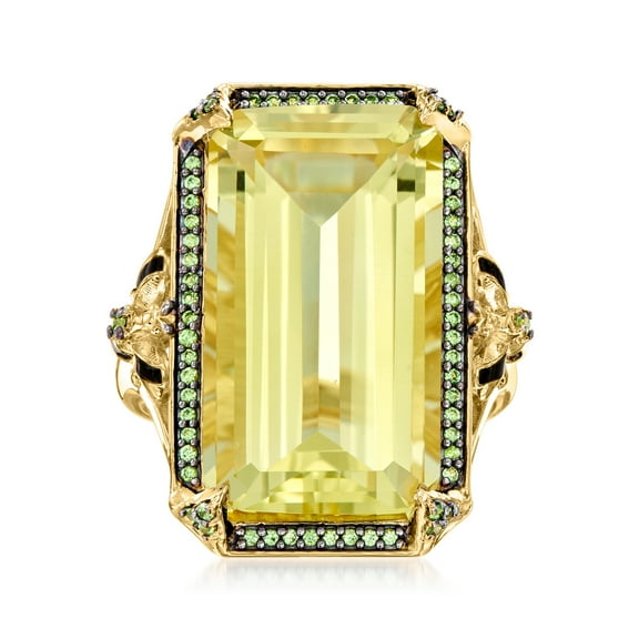 Ross-Simons 18.00 Carat Lemon Quartz and .30 ct. t.w. Tsavorite Ring With Black Enamel in 18kt Gold Over Sterling, Women's, Adult