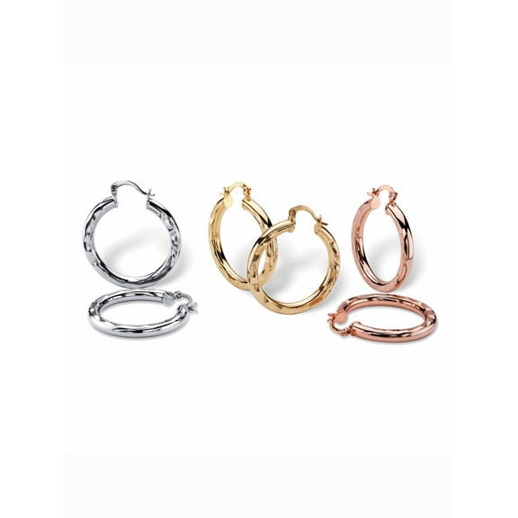 PalmBeach Jewelry Tri-Tone 3-Pair Set of Hoop Earrings in Goldtone, Rose Tone and Silvertone (1 1/4")