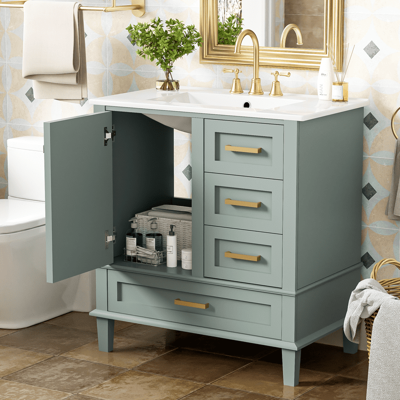 Duxelifin 30" Bathroom Vanity with Sink, Modern bathroom sink cabinet with Soft-Close storage Drawers, Freestanding Vanity with Ceramic Top (Light Green)