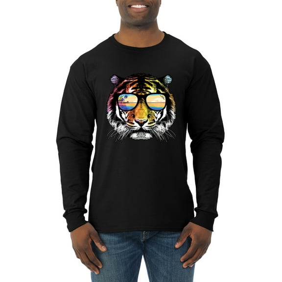 Funny Neon Summer California Beach Tiger | Mens Animal Lover Long Sleeve T-Shirt, Black, Small