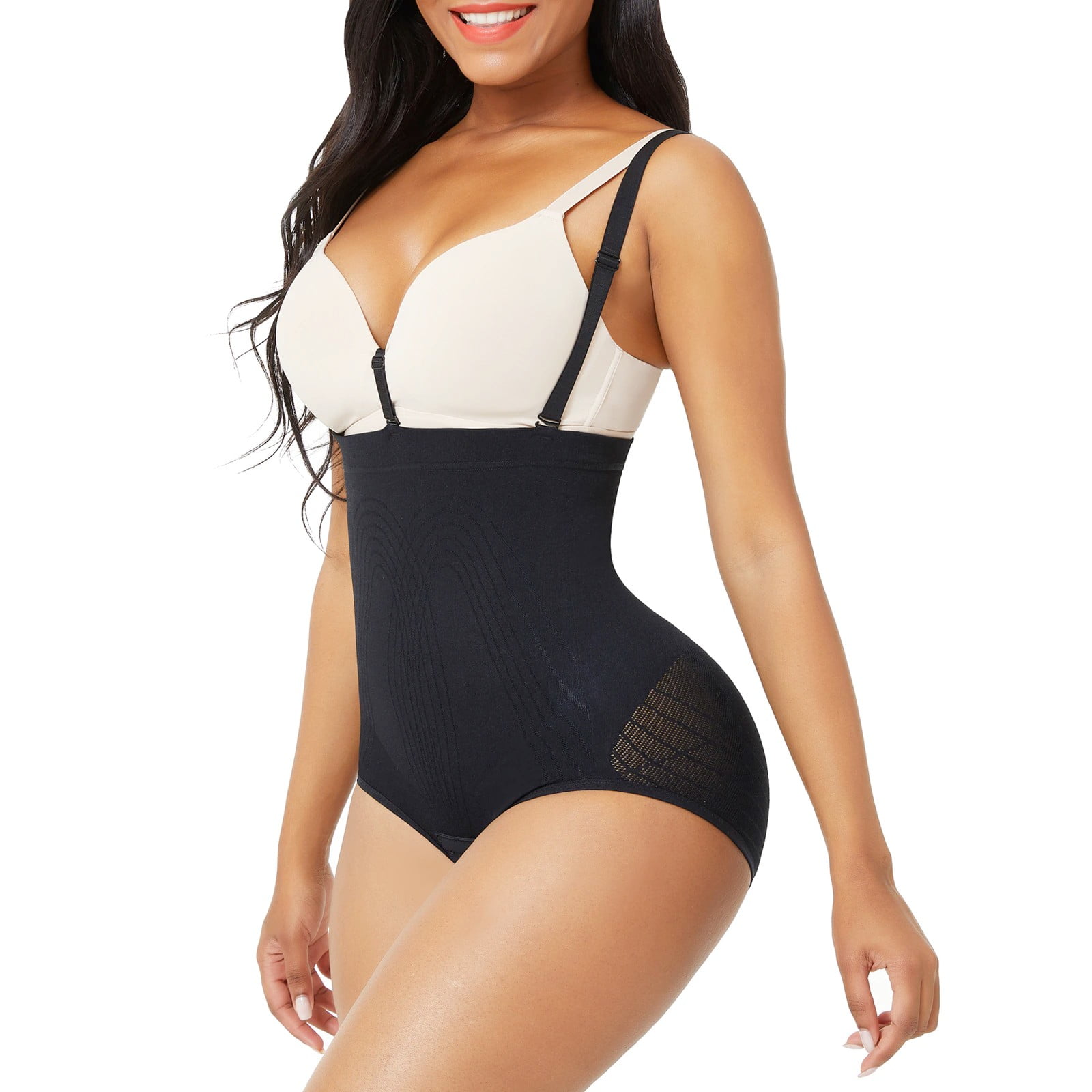 Women's Tummy Control Butt Lifter Seamless Shapewear Stretchy Open Bust Black Bodysuit Size M/L