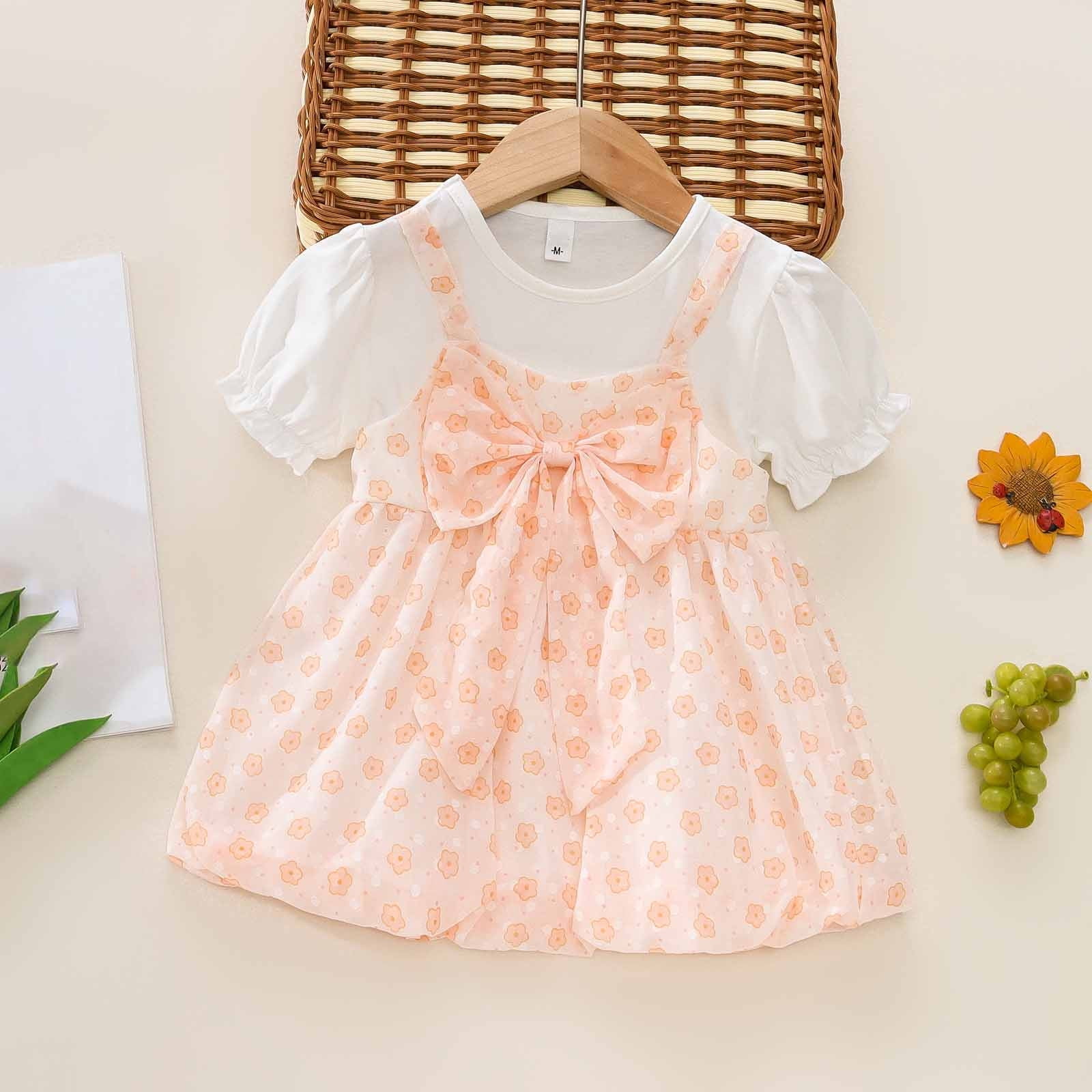 Egnmcr Toddler Baby Girl Printed Mesh Suspender Dress