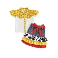 thumbnail image 2 of Kids Girl Summer Outfits Plaid Print Fly Sleeve Shirts Tops Cow Pattern Ruffles Patchwork Denim Skirts Headband 3Pcs Clothes Set, 2 of 8