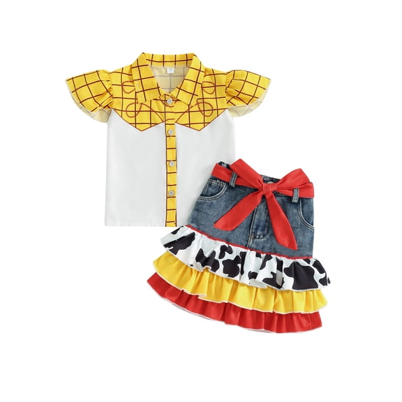 RUINIXCW Western Kids Toddler Baby Girl Cowgirl Outfit Little Girl Summer Clothes Plaid Fly Sleeve Shirt Top Cow Ruffled Patchwork Belt Denim Skirt Headband Set