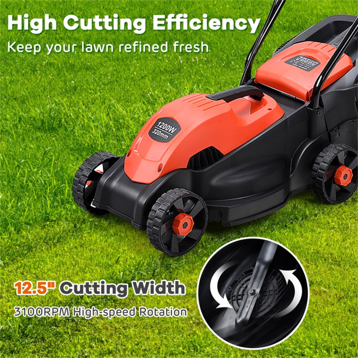 TOPCOMFY Electric Lawn Mower 13 Inch 3 Height Adjustment Steel and Plastic 8 Gal Grass Collection Garden Yard