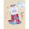 thumbnail image 3 of Bagilaanoe 4th of July Outfits for Newborn Baby Girls Short Sleeve Letter Print Romper Tops + Tie-dye Flare Trousers + Headband 3M 6M 12M 18M Infant Independence Day Clothes 3pcs Pants Set, 3 of 7