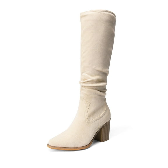 BURUDANI Women's Suede Knee High Boots Pointed Toe Comfortable Chunky Block Heel Side Zipper Riding Boots Beige Size 7