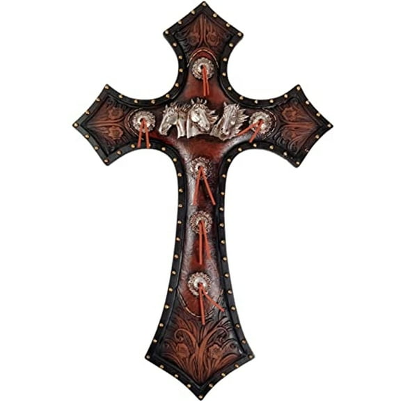 Urbalabs Western 19.25 Inch Wall Cross Brown With Metal-Like Horses In The Center Distressed Wall Hanging Cross Country Wall Decor Room Decoration Office Church Home (Heartlands Horses)